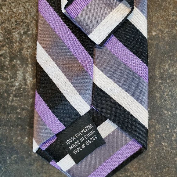 Youth Boy Clip On Tie, Gray, Black, Purple, White Stripe - Picture 6 of 8